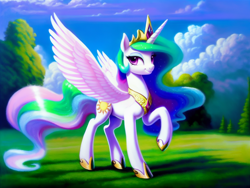 Size: 2304x1728 | Tagged: safe, generator:pony soup v2, imported from derpibooru, princess celestia, alicorn, pony, ai content, ai generated, crown, ethereal mane, ethereal tail, female, generator:stable diffusion, hoof shoes, jewelry, looking at you, mare, meadow, peytral, prompter:siber, raised hoof, regalia, sky, smiling, smiling at you, solo, spread wings, tail, tree, walking, wings