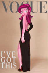 Size: 850x1298 | Tagged: safe, edit, editor:kronostorm, imported from derpibooru, gloriosa daisy, human, equestria girls, black dress, catchphrase, clothes, dress, equestria girls head on human body, female, high heels, magazine, shoes, side slit, sultry pose, tattoo, vogue