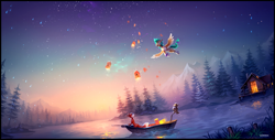 Size: 4591x2333 | Tagged: safe, artist:ramiras, imported from derpibooru, oc, oc only, oc:summer ray, bird, fox, owl, pegasus, pony, boat, commission, flying, forest, high res, lake, lantern, mountain, night, paper lantern, pegasus oc, scenery, scenery porn, sky, solo, spread wings, stars, water, wings