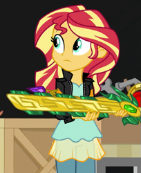 Size: 409x502 | Tagged: safe, imported from derpibooru, screencap, sunset shimmer, human, equestria girls, movie magic, spoiler:eqg specials, cropped, macuahuitl, solo, sword of lusitano, weapon