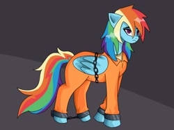 Size: 2048x1536 | Tagged: safe, artist:sleepymist, imported from derpibooru, rainbow dash, pegasus, pony, bound wings, chained, chains, clothes, commissioner:rainbowdash69, cuffed, cuffs, female, folded wings, mare, never doubt rainbowdash69's involvement, prison outfit, prisoner, prisoner rd, shackles, shirt, solo, undershirt, wings