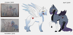 Size: 4700x2300 | Tagged: safe, artist:leafywolf, imported from derpibooru, oc, oc only, bat pony, pegasus, pony, bat pony oc, female, mare, pegasus oc, raised hoof, redraw, simple background, traditional art, white background