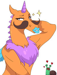 Size: 1377x1804 | Tagged: safe, artist:leafywolf, imported from derpibooru, oc, oc only, anthro, snail, unicorn, bedroom eyes, bust, chest fluff, facial hair, horn, lipstick, moustache, simple background, transparent background, unicorn oc