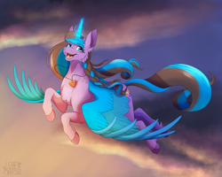 Size: 3000x2400 | Tagged: safe, artist:leafywolf, imported from derpibooru, oc, oc only, alicorn, pony, alicorn oc, female, flying, glowing, glowing horn, horn, jewelry, mare, necklace, smiling, solo, wings