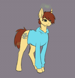 Size: 1933x2011 | Tagged: safe, artist:leafywolf, imported from derpibooru, oc, oc only, changeling, earth pony, pony, animated, changeling oc, clothes, gif, gray background, green changeling, hoodie, male, shapeshifting, simple background, stallion, transformation