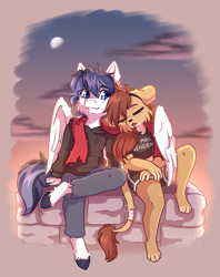 Size: 1753x2218 | Tagged: safe, artist:leafywolf, imported from derpibooru, oc, oc only, anthro, digitigrade anthro, pegasus, unguligrade anthro, clothes, duo, female, hug, male, mare, moon, pants, pegasus oc, scarf, shorts, sleepy, twilight (astronomy), unshorn fetlocks, winghug, wings