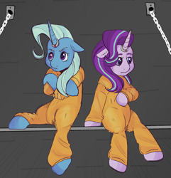 Size: 1374x1423 | Tagged: safe, artist:ghostjimi, imported from derpibooru, starlight glimmer, trixie, semi-anthro, unicorn, clothes, commission, commissioner:rainbowdash69, duo, horn, horn ring, jail, jail cell, jumpsuit, magic suppression, never doubt rainbowdash69's involvement, prison, prison outfit, prisoner, prisoner sg, prisoner tx, ring