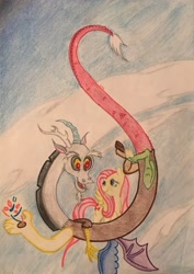 Size: 2522x3568 | Tagged: safe, artist:gracefulart693, imported from derpibooru, discord, fluttershy, butterfly, draconequus, pegasus, pony, 2015, crayon drawing, discoshy, duo, female, male, shipping, straight, traditional art