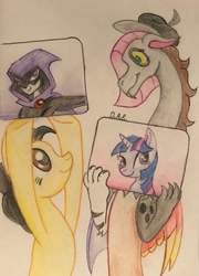 Size: 2402x3340 | Tagged: safe, artist:gracefulart693, imported from derpibooru, twilight sparkle, oc, draconequus, earth pony, unicorn, beret, dc comics, draconequus oc, earth pony oc, hat, hoof hold, raven (dc comics), smiling, traditional art, unicorn twilight