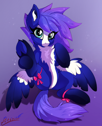 Size: 2328x2868 | Tagged: safe, artist:rednite, imported from derpibooru, oc, oc only, pegasus, pony, bow, butt, chest fluff, female, fluffy, frog (hoof), gradient background, high res, hooves, looking at you, mare, pegasus oc, plot, signature, sitting, solo, spread wings, underhoof, wings