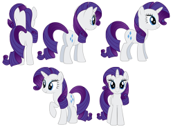 Size: 4961x3661 | Tagged: safe, artist:culu-bluebeaver, imported from derpibooru, rarity, pony, unicorn, butt, digital, digital art, horn, plot, png, reference, reference sheet, simple background, smiling, transparent, transparent background, turnaround, vector, vector trace