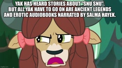 Size: 888x499 | Tagged: safe, edit, edited screencap, imported from derpibooru, screencap, yona, non-compete clause, amazon women in the mood, caption, futurama, image macro, implied snu snu, meme, solo, text