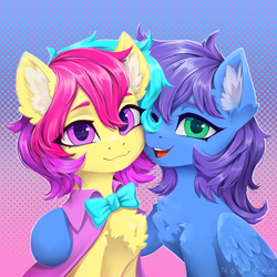 Size: 3000x3000 | Tagged: safe, artist:inowiseei, imported from derpibooru, oc, oc only, oc:cuihua, oc:nova twinkle, earth pony, pegasus, pony, abstract background, bowtie, cheek to cheek, chest fluff, cloak, clothes, colored ear fluff, cute, duo, ear fluff, earth pony oc, female, gradient background, half body, high res, hug, looking at you, mare, open mouth, open smile, pegasus oc, signature, smiling, smiling at you