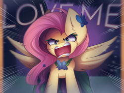 Size: 2350x1780 | Tagged: safe, artist:miryelis, imported from derpibooru, fluttershy, butterfly, pegasus, pony, the best night ever, angry, big ears, clothes, dress, flower, flutterrage, impossibly large ears, long hair, redraw, scene interpretation, screaming, solo, spread wings, standing, text, wings, you're going to love me