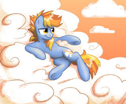 Size: 880x724 | Tagged: safe, artist:solixy406, imported from derpibooru, oc, oc:cloudbreaker, pegasus, pony, cloud, lying down, lying on a cloud, male, on a cloud, on back, orange sky, pegasus oc, solo, stallion