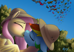 Size: 5000x3500 | Tagged: safe, artist:supermoix, imported from derpibooru, fluttershy, rainbow dash, butterfly, insect, pegasus, pony, blushing, butterfly migration, commission, cute, duo, eyes closed, female, flutterdash, kiss on the lips, kissing, lesbian, shipping