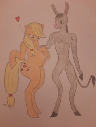 Size: 3000x4000 | Tagged: safe, artist:donkeythe1, imported from derpibooru, applejack, oc, donkey, earth pony, semi-anthro, canon x oc, donkey oc, duo, female, interspecies, looking down, love, male, mare, preggo jack, pregnant, standing, traditional art