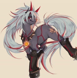 Size: 3004x3040 | Tagged: safe, artist:taishkyoo, imported from derpibooru, earth pony, pony, arataki itto (genshin impact), choker, genshin impact, horns, male, ponified, red eyes, signature, simple background, solo, spiked choker, two toned mane