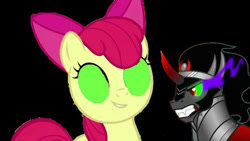 Size: 444x250 | Tagged: safe, artist:movieliker236, imported from derpibooru, apple bloom, king sombra, earth pony, pony, unicorn, bloom and gloom, the crystal empire, black background, female, glowing, glowing eyes, inverted mouth, male, mind control, simple background, sombrafied