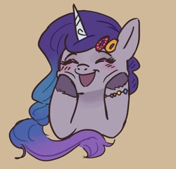 Size: 1719x1653 | Tagged: safe, artist:mayugraffiti, imported from derpibooru, izzy moonbow, pony, unicorn, blushing, bust, eyes closed, g5, open mouth, smiling, solo, squishy cheeks