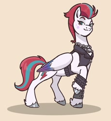 Size: 1586x1734 | Tagged: safe, artist:mayugraffiti, imported from derpibooru, zipp storm, pegasus, pony, aside glance, beige background, chains, clothes, facial markings, female, folded wings, g5, leather, leather vest, lidded eyes, looking at you, looking down, mare, raised hoof, simple background, smiling, smirk, solo, spiked bracers, spiked wristband, standing, three quarter view, unshorn fetlocks, vest, wings, wristband