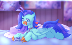 Size: 3200x2011 | Tagged: safe, artist:cofiiclouds, imported from derpibooru, oc, oc only, oc:sea lilly, classical hippogriff, hippogriff, camera, commission, controller, hippogriff oc, jewelry, lying down, necklace, pillow, prone, room, ych result