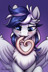 Size: 2000x3000 | Tagged: safe, artist:jedayskayvoker, imported from derpibooru, oc, oc:onyx diamond, pegasus, pony, big pony, blue eyes, blushing, cheek fluff, chest fluff, chin fluff, ear fluff, fluffy, folded wings, giant pony, gradient background, large wings, long tongue, looking at you, macro, male, pegasus oc, solo, stallion, tongue out, wings