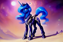 Size: 2304x1536 | Tagged: safe, generator:pony soup v2, imported from derpibooru, princess luna, alicorn, pony, ai content, ai generated, armor, female, generator:stable diffusion, looking at you, mare, mass effect, planet, power armor, prompter:siber, solo, space, stars