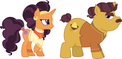 Size: 6209x3000 | Tagged: safe, artist:cloudy glow, imported from derpibooru, coriander cumin, saffron masala, pony, unicorn, spice up your life, .ai available, duo, female, male, mare, simple background, stallion, transparent background, vector