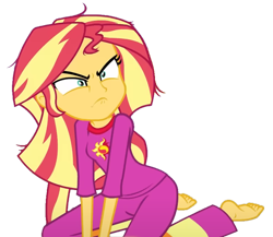 Size: 852x741 | Tagged: safe, artist:pacoo777yuyu, edit, edited screencap, imported from derpibooru, screencap, sunset shimmer, human, equestria girls, equestria girls series, wake up!, spoiler:eqg series (season 2), angry, background removed, bacon hair, barefoot, clothes, cute, feet, female, grumpy, messy hair, pajamas, simple background, solo, sunset shimmer is not amused, transparent background, unamused