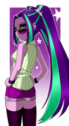 Size: 1100x2000 | Tagged: safe, artist:nekojackun, imported from derpibooru, aria blaze, human, equestria girls, arse-ia blaze, bare shoulders, breasts, clothes, eyebrows, female, frown, hand on hip, looking at you, looking back, looking back at you, raised eyebrow, rear view, shorts, simple background, sleeveless, socks, solo, sunglasses, thigh highs, vest, white background