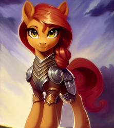 Size: 1024x1152 | Tagged: safe, generator:pony soup v2, imported from derpibooru, oc, oc only, earth pony, pony, ai content, ai generated, armor, art deco, earth pony oc, female, generator:stable diffusion, looking at you, mare, modern art, prompter:siber, sky, solo