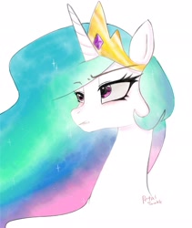 Size: 1724x2047 | Tagged: safe, artist:petaltwinkle, imported from derpibooru, princess celestia, alicorn, pony, bust, crown, jewelry, regalia, simple background, solo, white background