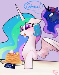 Size: 1074x1368 | Tagged: safe, artist:petaltwinkle, imported from derpibooru, princess celestia, princess luna, alicorn, pony, duo, food, heart, heart eyes, open mouth, pancakes, spread wings, starry eyes, text, tongue out, whipped cream, wingding eyes, wings