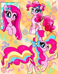 Size: 1074x1368 | Tagged: safe, artist:petaltwinkle, imported from derpibooru, pinkie pie, earth pony, pony, :p, bow, hair bow, one eye closed, open mouth, rainbow power, smiling, solo, standing, tongue out, wink