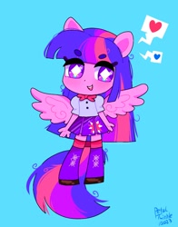 Size: 1074x1368 | Tagged: safe, artist:petaltwinkle, imported from derpibooru, twilight sparkle, human, equestria girls, blue background, bow, chibi, clothes, heart, open mouth, simple background, skirt, smiling, solo, wings