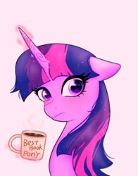 Size: 1074x1368 | Tagged: safe, artist:petaltwinkle, imported from derpibooru, twilight sparkle, pony, unicorn, bust, coffee, magic, simple background, solo, text, white background