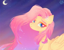 Size: 1368x1074 | Tagged: safe, artist:petaltwinkle, imported from derpibooru, fluttershy, pegasus, pony, moon, sky, smiling, solo, stars