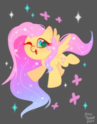 Size: 1074x1368 | Tagged: safe, artist:petaltwinkle, imported from derpibooru, fluttershy, pegasus, pony, one eye closed, smiling, solo, spread wings, wings, wink