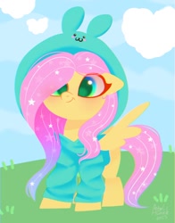 Size: 1074x1368 | Tagged: safe, artist:petaltwinkle, imported from derpibooru, fluttershy, pegasus, pony, clothes, hat, smiling, solo, spread wings, standing, wings