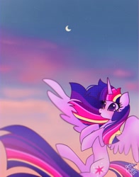 Size: 1074x1368 | Tagged: safe, artist:petaltwinkle, imported from derpibooru, twilight sparkle, alicorn, pony, flying, moon, rainbow power, solo, spread wings, twilight sparkle (alicorn), wings