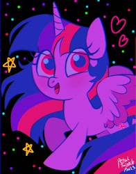 Size: 1074x1368 | Tagged: safe, artist:petaltwinkle, imported from derpibooru, twilight sparkle, alicorn, pony, black background, chibi, heart, simple background, smiling, solo, spread wings, twilight sparkle (alicorn), wings