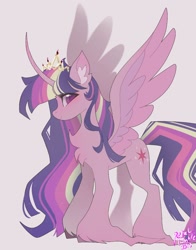 Size: 1074x1368 | Tagged: safe, artist:petaltwinkle, imported from derpibooru, twilight sparkle, alicorn, pony, chest fluff, crown, ear fluff, jewelry, regalia, smiling, solo, spread wings, standing, twilight sparkle (alicorn), unshorn fetlocks, wings