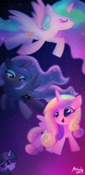 Size: 641x1322 | Tagged: safe, artist:petaltwinkle, imported from derpibooru, princess cadance, princess celestia, princess luna, twilight sparkle, alicorn, pony, chibi, eyes closed, flying, open mouth, smiling, spread wings, wings