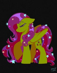 Size: 1074x1368 | Tagged: safe, artist:petaltwinkle, imported from derpibooru, fluttershy, pegasus, pony, black background, eyes closed, simple background, solo, standing