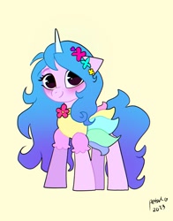 Size: 1074x1368 | Tagged: safe, artist:petaltwinkle, imported from derpibooru, izzy moonbow, pony, unicorn, clothes, cute, dress, female, flower, flower in hair, g5, izzybetes, looking at you, mare, simple background, skirt, smiling, solo, standing, white background