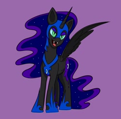 Size: 1744x1712 | Tagged: safe, artist:iron curtain, imported from derpibooru, nightmare moon, alicorn, pony, looking at you, purple background, sharp teeth, simple background, smiling, solo, spread wings, standing, teeth, wings