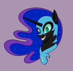 Size: 1882x1816 | Tagged: safe, artist:iron curtain, imported from derpibooru, nightmare moon, alicorn, pony, bust, purple background, sharp teeth, simple background, smiling, solo, teeth