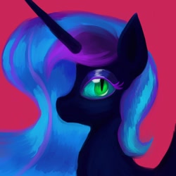 Size: 1000x1000 | Tagged: safe, artist:iron curtain, imported from derpibooru, nightmare moon, alicorn, pony, bust, looking at you, pink background, side view, simple background, solo