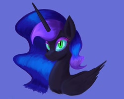 Size: 2228x1776 | Tagged: safe, artist:iron curtain, imported from derpibooru, nightmare moon, alicorn, pony, bust, female, folded wings, horn, looking at you, mare, purple background, simple background, smiling, solo, wings